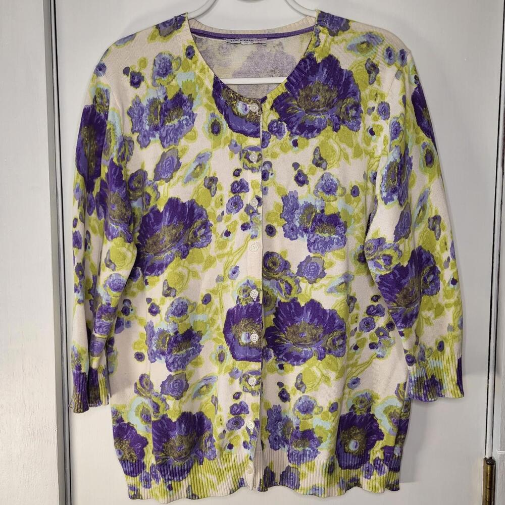 Isaac mizrahi Cardigan sweater large floral design purple yellow 3/4 sleeve